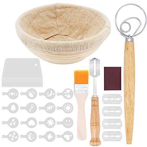 Gearific Cestino da lievitazione Rotondo per Pane, Cestino da lievitazione in banneton da 9 Pollici Cestino da lievitazione Naturale in Rattan con Confezione da 6 Strumenti per panettieri
