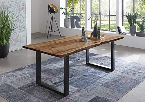 junado Baumkantentisch 140x80 cm Indira, Esszimmertisch aus Akazie, Holz-Tisch mit schwarz lackierten Beinen