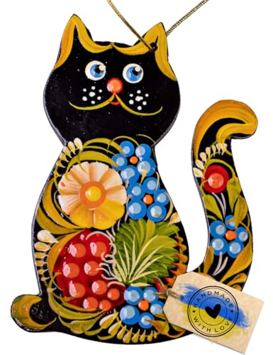 Schwarze Katze - Handbemalter Christbaumschmuck aus Holz 8.5 х 7 х 0.5 cm Ukrainisches Traditionelles Kunsthandwerk Katzenfreunde Geschenk Exklusiver Weihnachtsschmuck