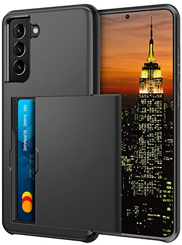 Coolden for Samsung S21 Case with Card Holder Wallet Cover Black | Armor Shockproof Heavy Duty Protective, Hard PC Back Rubber Bumper Card Slot Wallet Cover for Samsung Galaxy S21 Phone Case