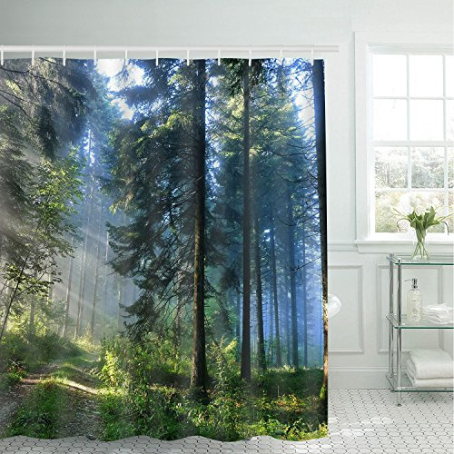 Alishomtll Skog duschdraperi, grön, mögelresistent, vattentät textil, duschdraperi med badkar, tvättbar med 12 krokar, 180 x 200 cm