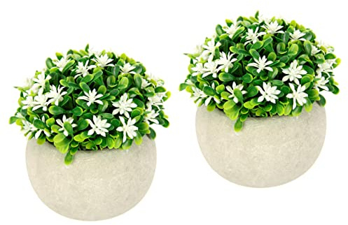 Flair Flower Mini Blütenbusch im Topf Künstlich Wachsblume Busch Tischdeko Mittelstück Plastikblumen Floristik Kunstpflanze Blumen Unechte Deko Pflanze Buchs Blumenschmuck, 020999W, Weiß, 11x12x12 cm