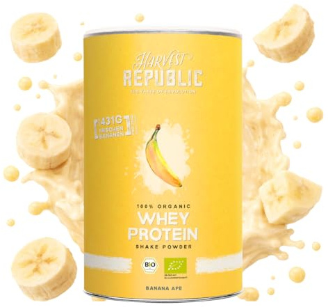 HARVEST REPUBLIC Bio Whey Protein Pulver Banane mit 100% echtem Fruchtpulver | 320 g Bio Proteinpulver verfeinert mit gefriergetrockneten Früchten | bis zu 16 g Protein pro Portion