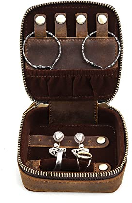 Hiram Reise-Schmuckkästchen, Retro-Echtleder-Aufbewahrungsbox für Ohrringe, Ringe, Halsketten, Armbänder, Schmuckschatulle für Damen, Mädchen, Schmuckgeschenk (Kaffee)