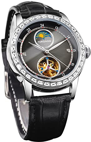 FORSINING Montre mécanique automatique pour homme avec bracelet en cuir - Phases de la lune - Montre squelette tourbillon, gris, Sangle