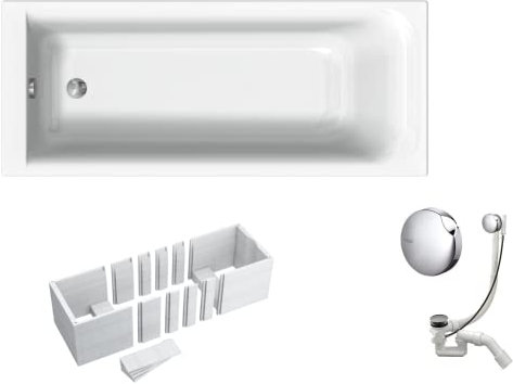VBChome Badewanne 150x70 cm Geberit Acryl SET Wannenträger Siphon Wanne Rechteck Weiß Design Modern Styroporträger Ablaufgarnitur in Chrom