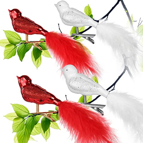 UNOLIGA Christbaumschmuck Vögel Glas, 4pcs Weihnachtsbaum Deko Weiß und Rot Vogel mit Federn, Niedlich Weihnachtsbaumschmuck Künstliche Glas Vögel mit Clip