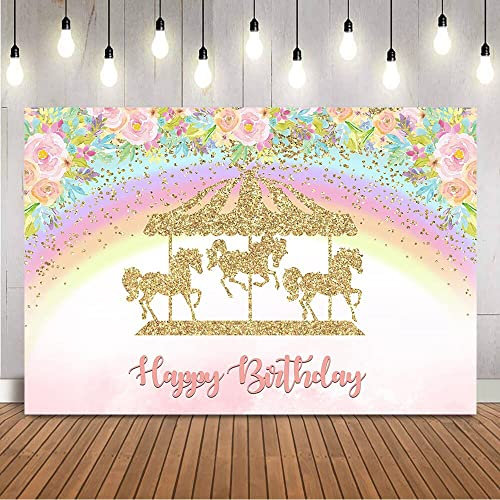 Karussell Blumenkulisse Happy Birthday Regenbogen Kinder Themenparty Hintergrund Gold Glitzer Sprinkle Shining Pink Blumen Banner 300x200cm