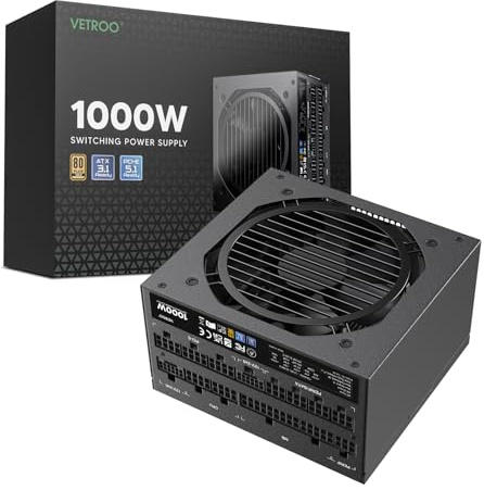 Vetroo 1000W Black Power Supply ATX 3.1 Ready Dual PCIe 5.1, 80 Plus Gold Full Modular, Eco Mode with 120mm FDB Fan, Compact Size, 10 Year Warranty for Gaming PC