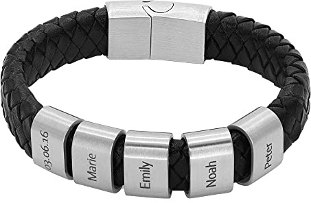 Heideman Armband Herren Titus Leder Edelstahl Gravur | Titus Herren-Lederarmband schwarz, silberne Gravurplatten, Edelstahl, personalisierbar, Magnetverschluss, Geschenk für Männer