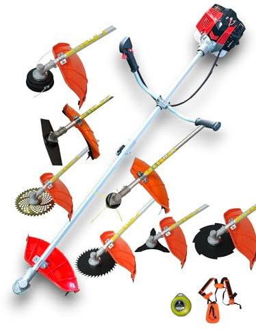 Desbrozadora de Gasolina de 52cc y 3cv, Motor 2 Tiempos, con 7 Accesorios Intercambiables, arnés y Barra Divisible, desbrozadora 7 en 1