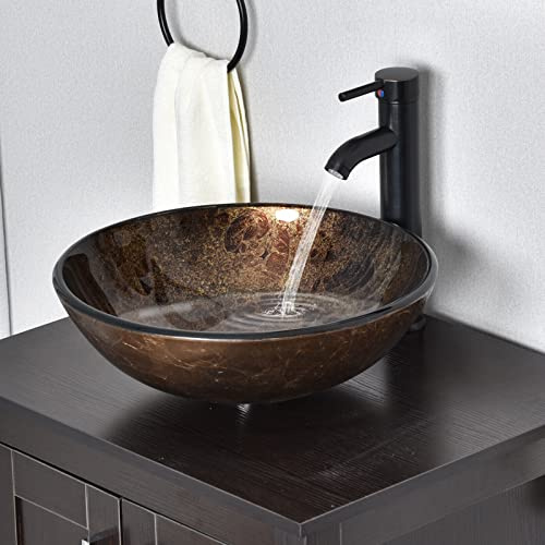 YU YUSING Countertop Bathroom Sink Basin Round Hand Washbowl | Tempered Glass with Tap Waste Set, Cloakroom Kitchen Toilet, Brown
