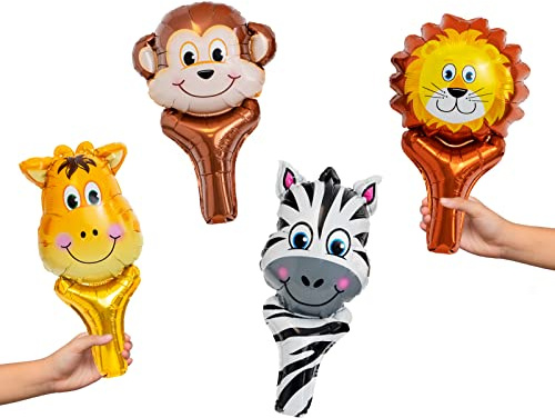 1 Unidad - Pack de 4 piezas de globos foil de mano con forma de animales de 47 x 23 cm - Decoración con tematica de Safari - Decoración fiesta Safari, decoración Safari (Globos Mano Foil)
