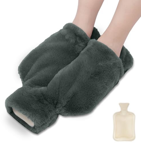 BNGXR Scaldapiedi Borsa Acqua Calda, 2L Scalda Piedi non Elettrico Lavabile Borsa Acqua Calda Peluche, 2 in 1 Scaldapiedi Peluche Morbido con Tasca per Uomini e Donne (Grigio)