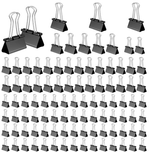 Mesybveo 100 Pièces Pinces à documents, 15 mm/ 19mm/ 25mm/ 32mm Pinces à papieren Métal, Pince Double Clip Pince a Dessin, binder clips pour Fournitures de bureau, Papier à Lettre(Noir)