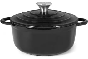 H&H Casseruola in Ghisa Smaltata con Coperchio, 22 cm, Tonda, Nero – Per Induzione e Tutti i Piani Cottura – Distribuzione Uniforme del Calore – 2 Manici – No Lavastoviglie