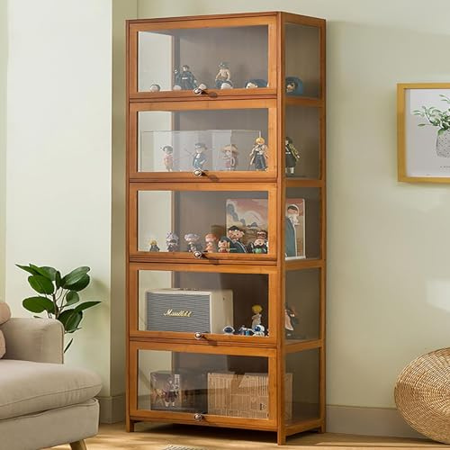 KUYATE Glass display cabinet, glass door antique cabinet, antique cabinet display cabinet with natural bamboo frame, single door design, sealed and dustproof 70x32x172cm/L27.5xW12.6xH67.7in Brown