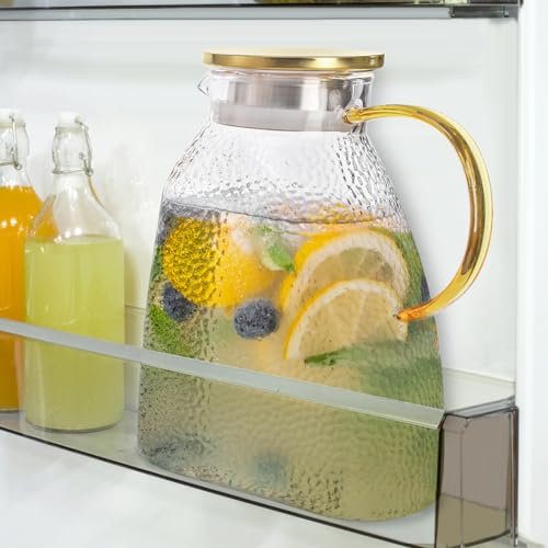 Hedume Fridge Door Water Pitcher, 1.8 Liter/60oz Gold Lid, High Borosilicate Glass Leakproof Ice Tea Pitcher for Hot or Cold Beverage