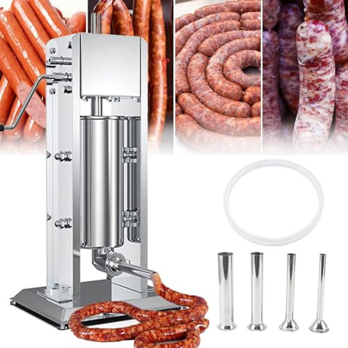 URJWAN Stainless Steel Vertical Sausage Stuffer Machine, Solid Base Design, with 4 Filling Nozzles, Food Grade Material, for Commercial And Home Use Homemade Sausage Meat Grinders,10L