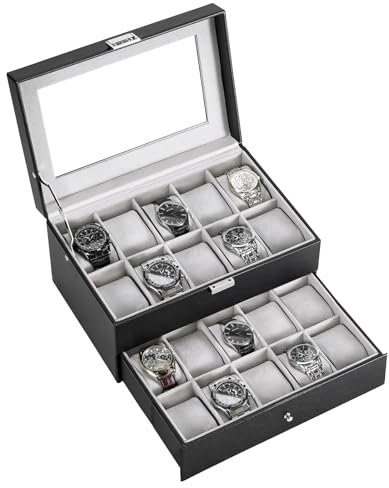 ProCase Uhrenbox mit 20 Fächern，Uhrenkasten mit Glasdeckel, 2 Ebenen Uhrenkoffer mit herausnehmbaren Uhrenkissen Uhrenschatulle, Vatertag Geschenk -Schwarz