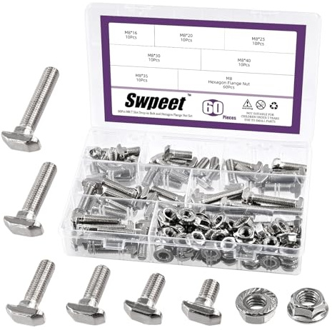 Swpeet 120Pcs European Standard 40 Series M8 x 16/20/25/30/35/40mm T Slot Drop-in Bolt and Nickel M8 Flange Nut Assortment Kit, Thread T Slot, Drop-in Bolt T-Bolt, Hammer Head Bolt, T Screw Stud
