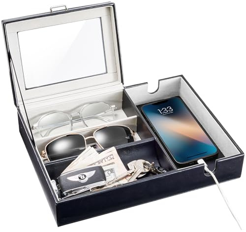ProCase Valet Tablett, Kunstleder Nachttisch Organizer Schreibtisch Aufbewahrungsbox, Schreibtisch Ordnungssystem Nachttisch Ablage für Schmuck Uhr Schlüssel Geldbeutel Münzen- 1 Lage,schwarz