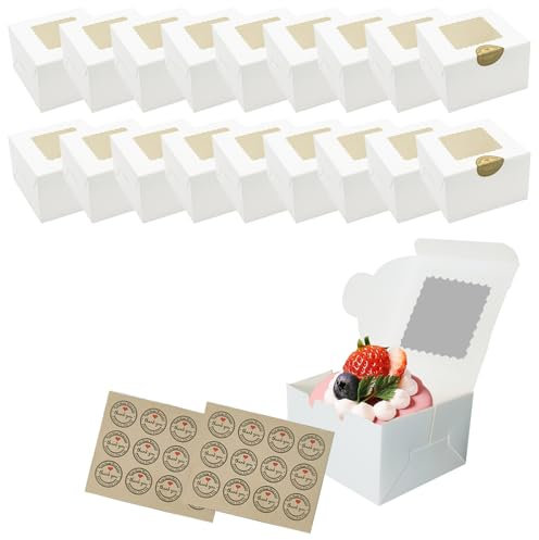 18 Pieces Single Cupcake Boxes,cake boxes for cake portions,cupcake boxes single with Clear Window Inserts and 24 Sheets of Stickers For Carrying And Tasty Muffins,Fairy Cakes,And Treats (white)
