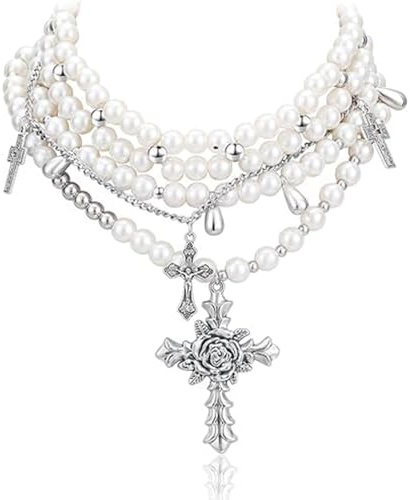 Nayyana 3-teilige Perlenkette, Statement-Perlenkette mit Gothic-Kreuz, gestapelte Perlenkette für Frauen, Gothic-Kreuz-Stapelkette, Y2K-Mehrschichtkette für Halloween-Party