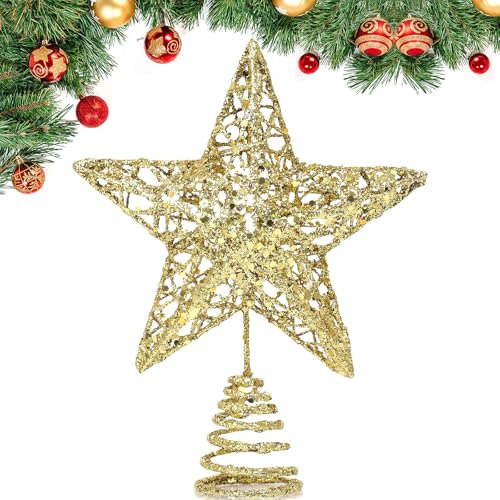 GXFCING Estrella Dorada para Árbol de Navidad 20 x 15 cm, Estrella Metálica con Purpurina 3D, Copa del Árbol de Navidad para el Abeto para Decoración del Hogar y Fiesta