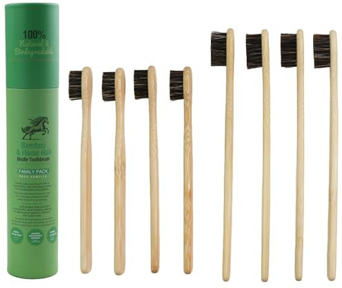 Gaia Guy Natural Bristle Bamboo Toothbrush Family Pack (NO Nylon - Horsehair ONLY) - Totally Compostable & Biodegradable Horse Hair Bristle and Bamboo Toothbrushes - Zero Waste - 4 Kids and 4 Adults