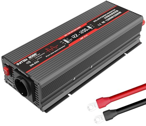 DATOUBOSS Inverter 12V 220V/230V Onda Sinusoidale Pura 1200W/2500W Convertitore di Tensione con Prese EU, Porte USB e Display LED per Auto, Camion, Roulotte, Elettrodomestici, Nero