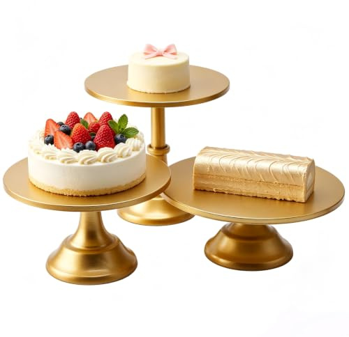 3-Piece Gold Metal Cake Stand Set, 8/10/12 Inch Round Cupcake Display Stands, Cupcake Holder Dessert Display Plate, Dessert Trays for Birthday Wedding Party Afternoon Tea