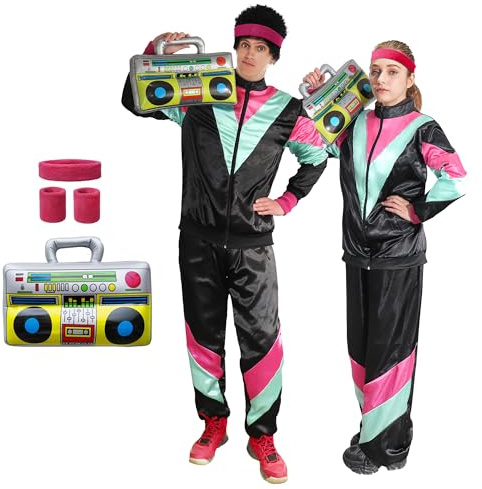 Funlot 80er Outfit für Damen und Herren - 6-Teiliges Retro Trainingsanzug Kostüm für Erwachsene Karneval Paar