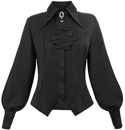 FCCAM Viktorianische Bluse Damen Schwarz Langarm Viktorian Blouse Black Rüschenhemd Gothic Bluse Piraten Bluse Mittelalter Bluse Damen,S