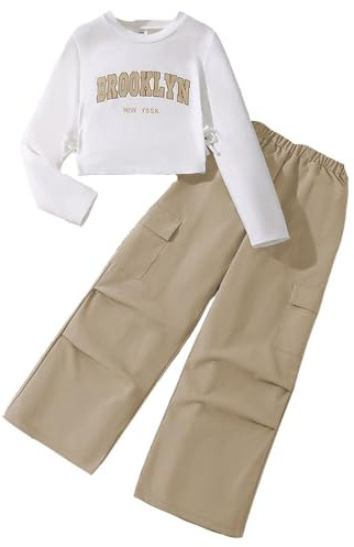 Tracksuit Set Kids Girls Age 7-12 Years Long Sleeve Pullover Sweatshirt and Cargo Pants Outfits Sets for Girls Fashion Winter Spring Comfy School Casual Athletic Streetwear (Brown, 10-11 Years)