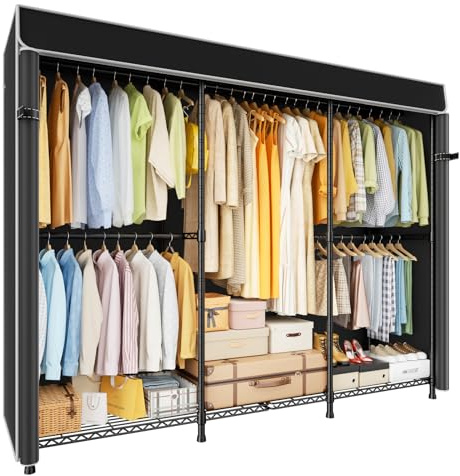 ULIFHOME E14C Pro Heavy Duty Closet Organizer System，Freestanding Clothing Racks for Hanging Clothes，Adjustable Garment Rack 70.1W × 16.6D × 76.4H Hold 960 lbs，Black Rack with Black Dustproof Cover