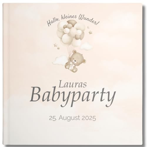 YMEMOS Babyparty Gästebuch zum Ausfüllen – Erinnerungsbuch personalisiert für Mädchen, Junge & neutral – Fotobuch zur Baby Shower Gender Reveal (40 Seiten braun)