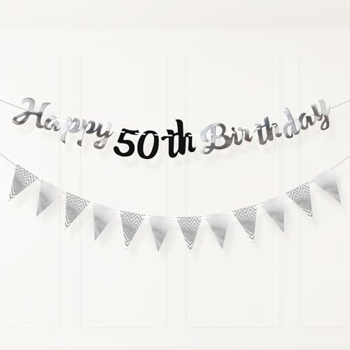PartyYaa 50. Geburtstag Banner Deko, 50. Geburtstag Girlande & Dreiecksflagge, Schwarz Silber Party Dekoration für Männer und Frauen
