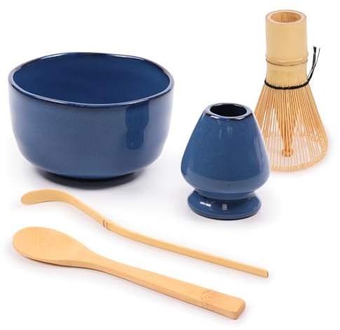 BambooMN Juego de cuencos matcha (incluye cuenco, reposo, batidor de té, chasaku y cuchara de té), 1 juego de color azul oscuro