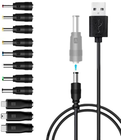 Saffory USB to DC Power Cable,1.5m Universal 5v USB Power Chager Cord Dc 5.5 X 2.1mm Plug Adapter 3A with 11 Tips Charger Plug for Laptops, Router, Keyboard
