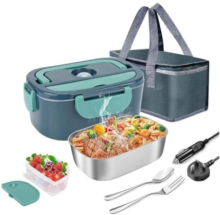 Uxsjakjsd Boîte à Lunch Électrique Portable 1,5 L, Chauffe-Plats 12V + 220V, Étanche, pour Voiture/Camion/Bureau, avec Fourchette, Cuillère et Sac Isotherme. Prise EU.