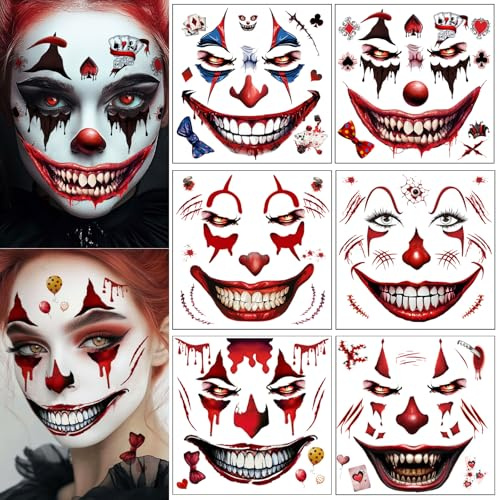 6 Blatt Halloween Tattoo Gesicht, Gruselige Clown Tattoo, Blutig Haloween Narben Mund Tattoos, für Halloween Kostüm Damen Herren Make up