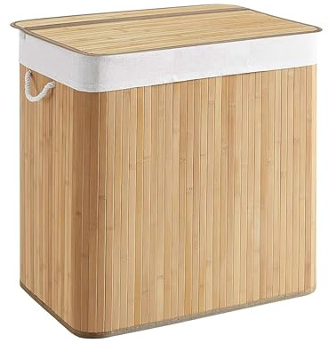 hjh LIVING Wäschekorb 3 Fächer FALSTER XXL B, 150 L Wäschesammler mit Deckel, Wäschebox Bambus mit Griffen, praktische Faltfunktion, Braun