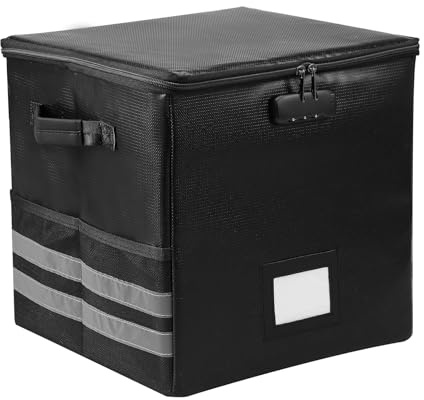 Fireproof Vinyl Record Storage Box with Lock and Handle 33x33x33cm Water Resistant Foldable Record Storage Organizer Case with Reflective Strips for Home Studio Garage Setups Vinyl Enthusiasts Djs