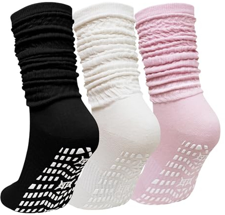 PUTUO Chaussettes Yoga Antidérapantes Femme : Chaussettes Antidérapantes Longues en Coton Idéales pour Pilates Danse de Ballet Fitness Maison Sport Hôpital Rééducation 3 Paires