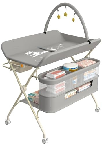 Supfine Wickeltisch klappbar, Mobiler Wickeltisch mit Seitlichem Korb und Kleiderstange, Höhenverstellbar, mit Feststellbaren Rollen und 3 Hängende Sterne (Grau, 5 in 1)