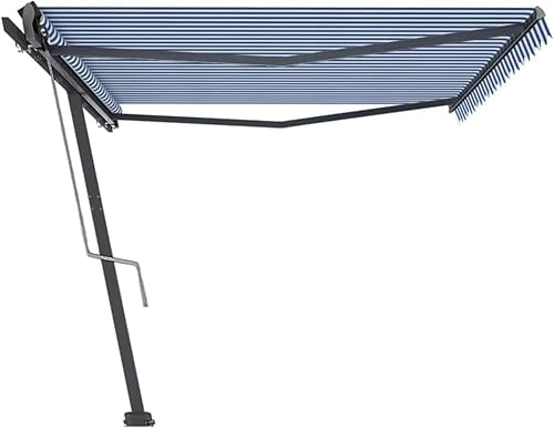 HaoChrymec Freistehende Markise Einziehbar mit Pulverbeschichtetem Aluminium, Automatisches Einfahren, Sonnenschutz für Balkon, Blau & Weiß, 500 x 300 cm