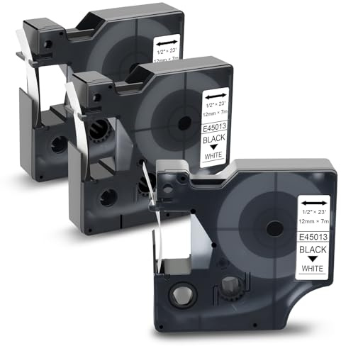 Exsun 3x Kompatibles D1 12mm Schriftband für D1 45013 45013s S0720530 Schwarz auf Weiß für LabelManager 160 120P 200 280 220P 210D 260P PnP Label Point 150 250 Label Writer 450 Duo, 12mm x 7m