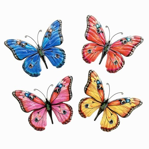 Zyomiol 4 PCS Large Butterfly Garden Wall Art Decor Outdoor, Rustproof Wrought Iron Colourful Wall Sculptures, Hanging Metal Big Butterfly Decorations for Backyard Balcony Indoor Living Room