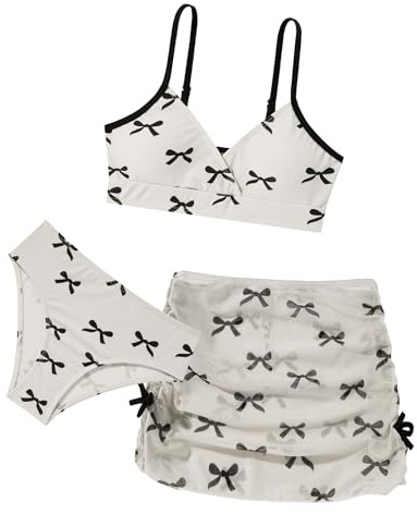 Happy Cherry Conjunto de bikini de 3 piezas con estampado de lazo para niñas, traje de baño con falda y tirantes ajustables, traje de baño para adolescentes de 8 a 14 años, blanco, 8-9 años
